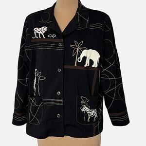Allison Daley Jacket Petite Medium PM Safari Animals Embroidered Button Front